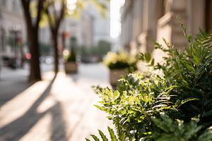 Sunlit urban sidewalk with lush, an Architecture Photo by MistyDay