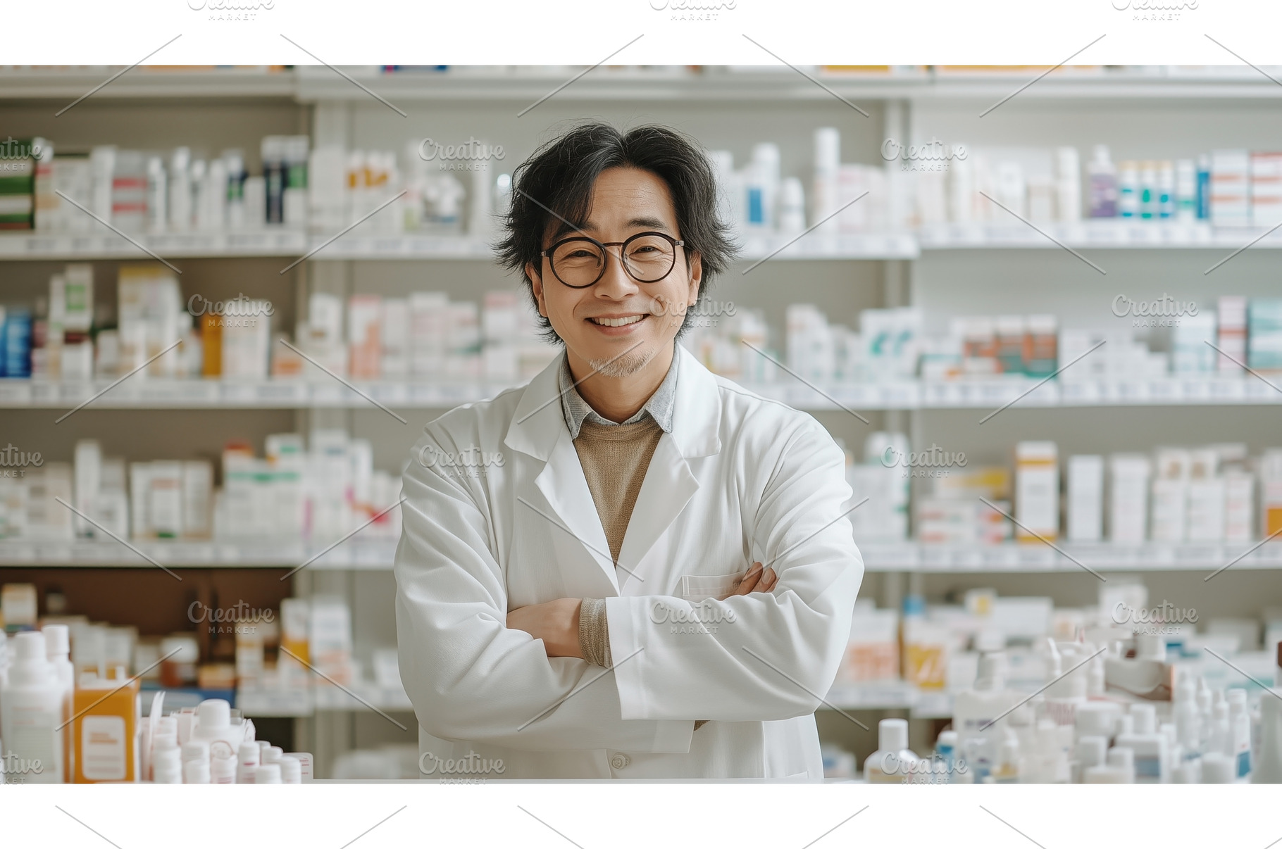 A smiling Asian male pharmacist, a Health & Medical Photo by Sergey Kotenev