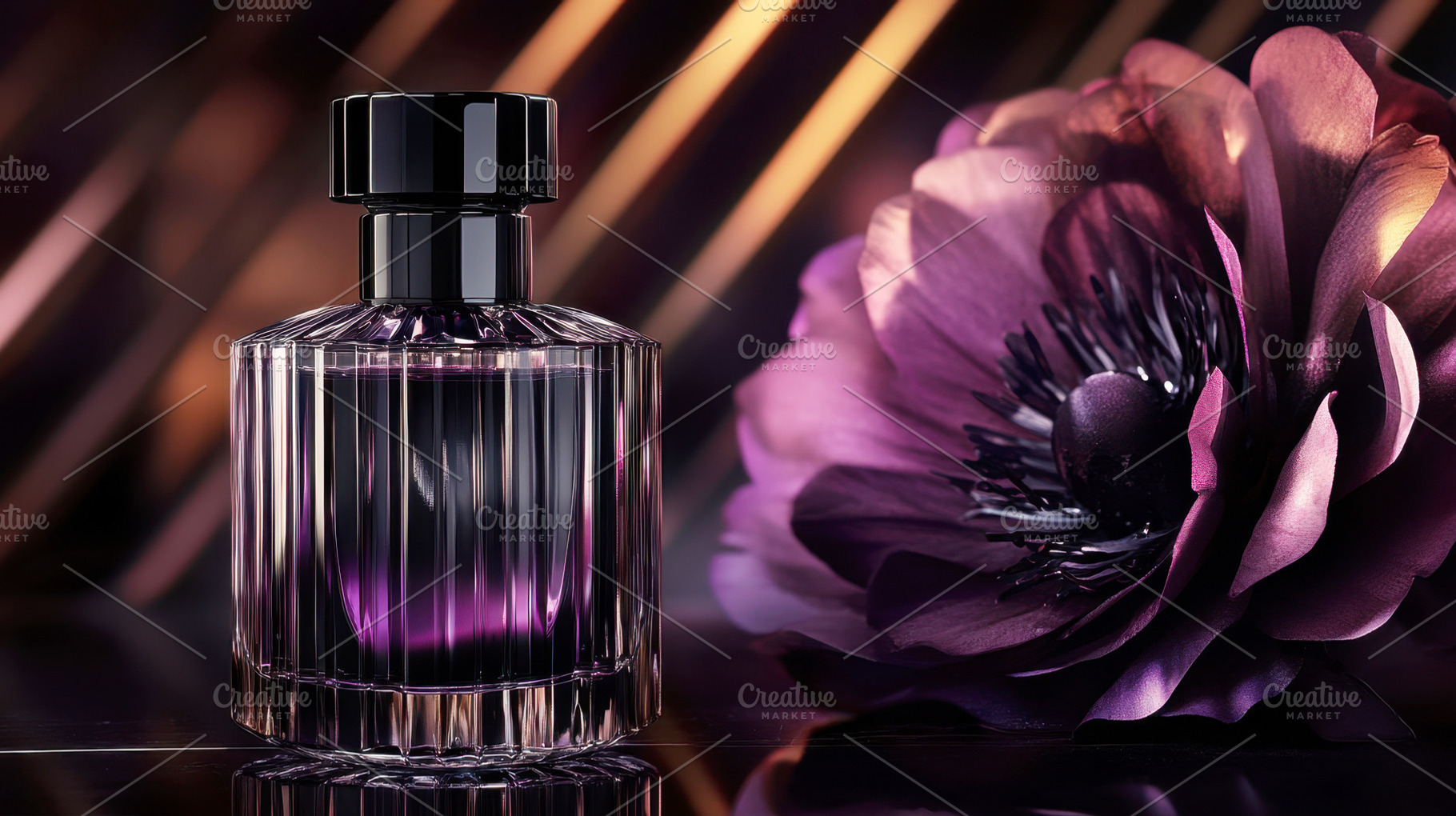 Elegant perfume bottle with flower, a Photo by Beautiful things