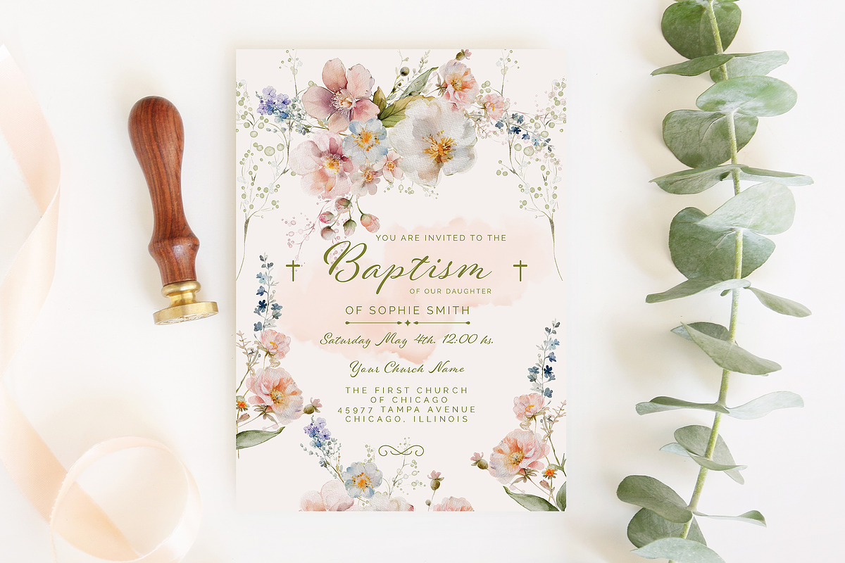 Peach Floral Baptism Invitation Card, an Invitation Template by Squirrel92 (Photo 1 of 2)