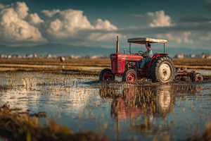 Red Tractor in Flooded Rice Paddy Fi, a Photo by Pixeness Studio