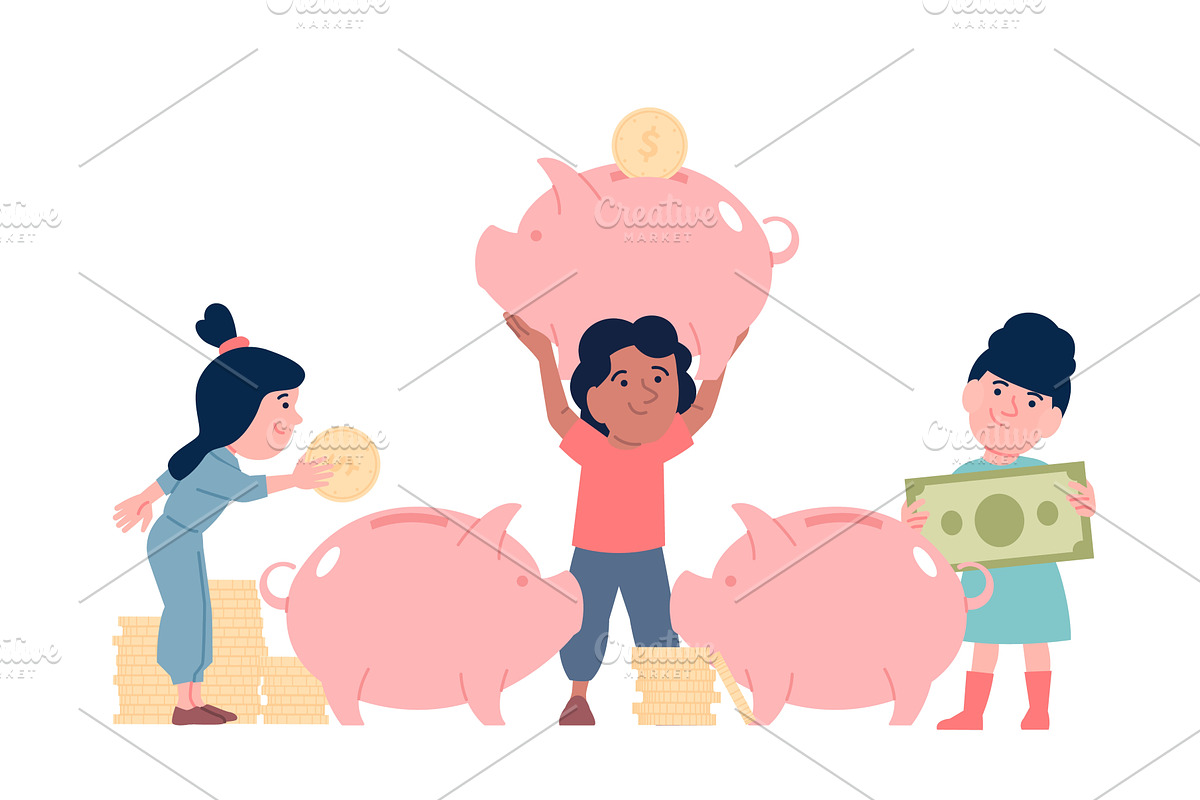 Children saving money. Cute kids, a Finance Illustration by LadadikArt
