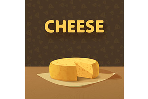 a cheese wheel on table food poster, a Food Illustration by IfH