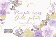 Purple roses, gold petals watercolor, an Illustration by burlapandlace (Thumbnail 2 of 2)