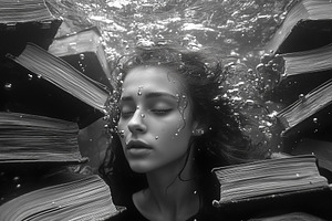 A serene underwater scene featuring a young psycholinguist woman with closed ey, a Person Photo by Textures & Backgrounds
