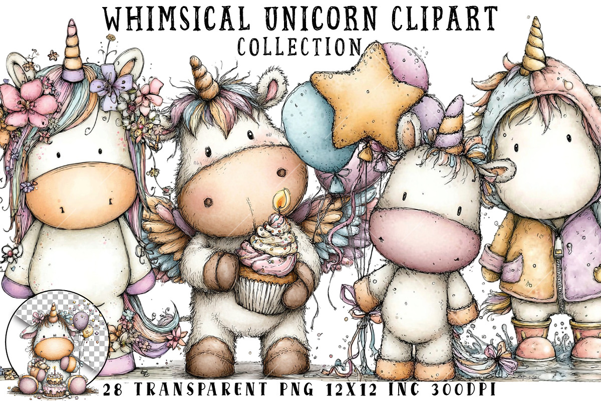 Whimsical Unicorn Clipart, an Illustration by OK Design (Photo 1 of 6)