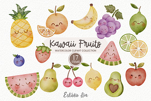 Kawaii Fruits Watercolor Clipart