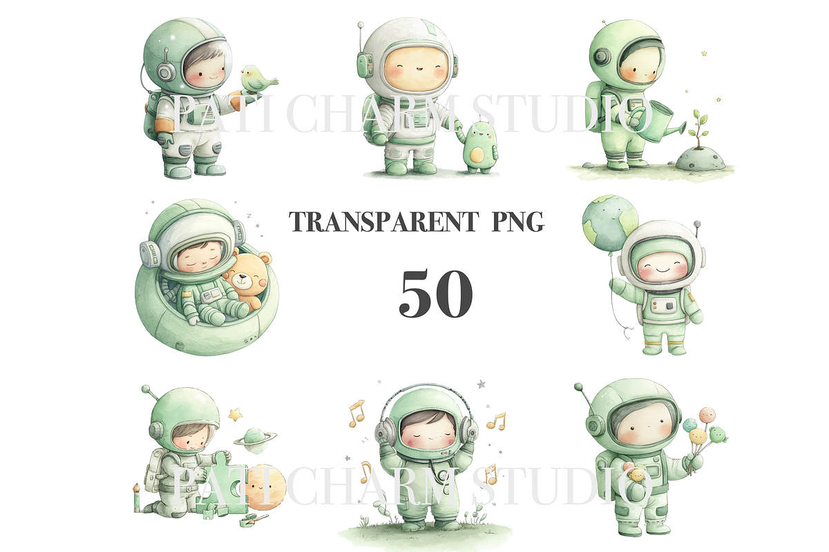 50 Kawaii Astronaut Clipart, a Decorative Illustration by Pati Charm Studio (Photo 4 of 9)