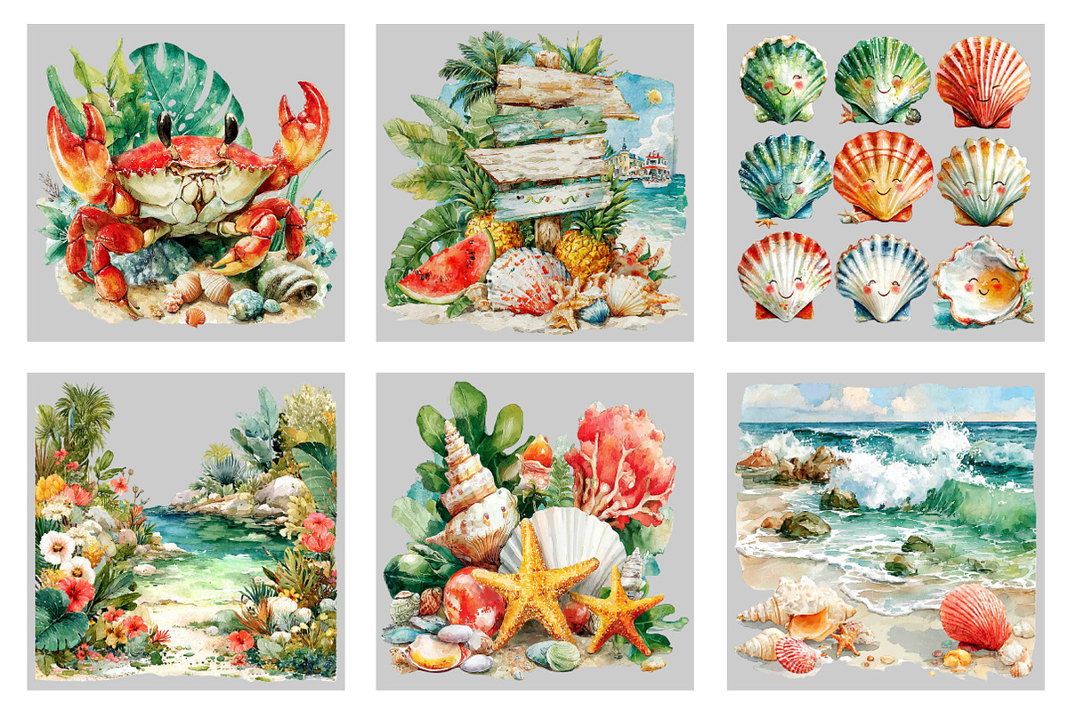 Watercolor Summer Beach Clipart, an Illustration by Black Bird Studio (Photo 5 of 5)