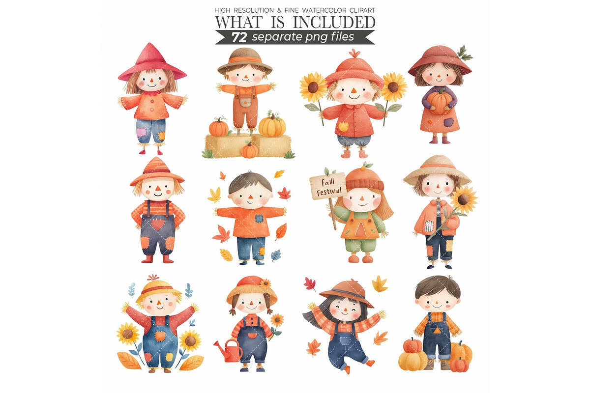 Watercolor Scarecrow Clipart Fall, an Illustration by CharmClipart (Photo 3 of 9)
