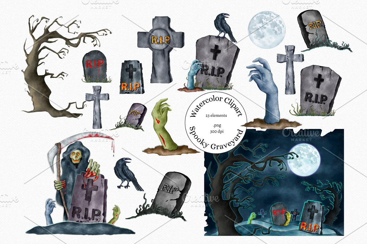 Watercolor Halloween Tombstones, a Decorative Illustration by MiracleArtAndDesign (Photo 1 of 4)