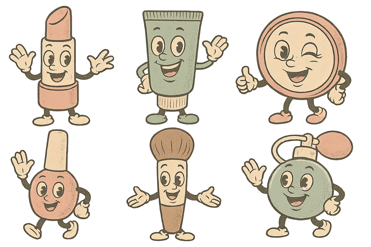 Vintage cosmetics mascots with cheer, an Illustration by Dvoevnore photos