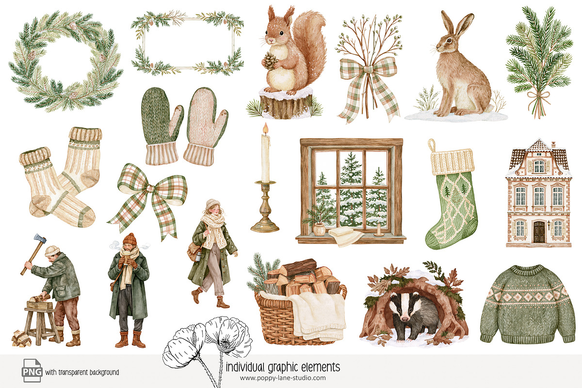120 winter woodland clip art, a Seasonal Illustration by Poppy Lane Studio