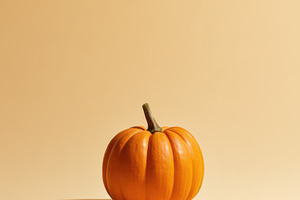 Single orange pumpkin on warm beige Halloween background, a Nature Photo by José Manuel Gelpi