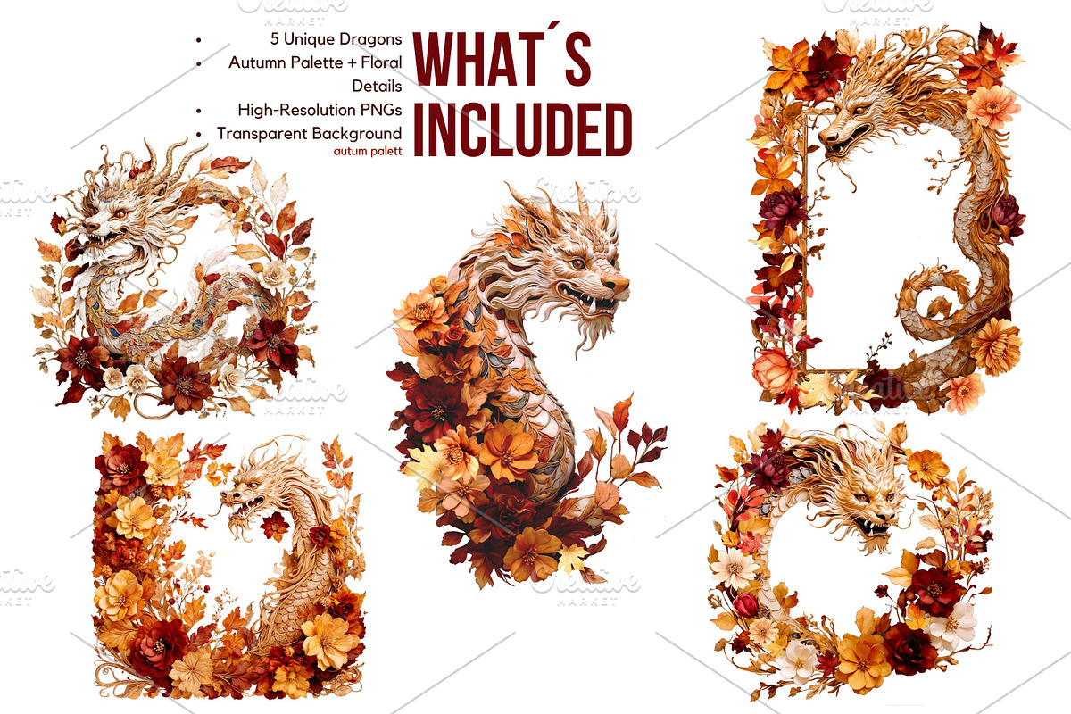 Autumn Dragons Clipart Set PNG, a Decorative Illustration by Floraphoria (Photo 2 of 9)