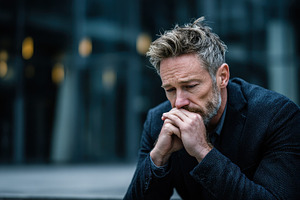 Sad man contemplating outdoors city, a Photo by Pixeness Studio