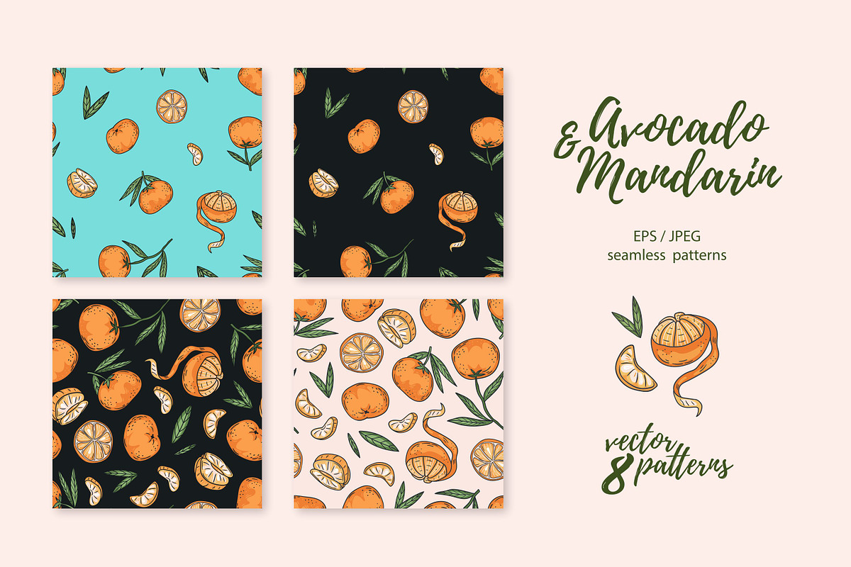 Avocado & Mandarin seamless patterns, a Pattern Graphic by Alenkakarabanova (Photo 2 of 6)