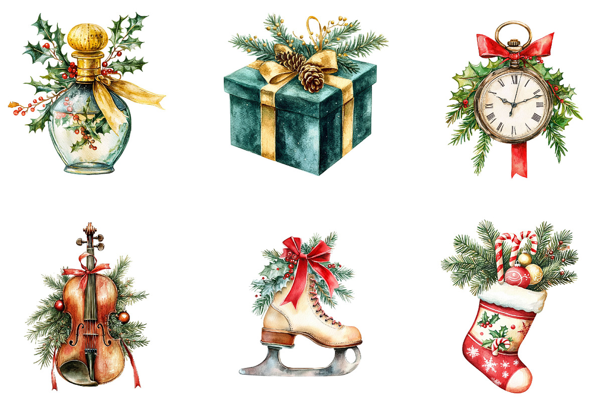 Antique Christmas Watercolor Clipart, a Seasonal Illustration by Designking (Photo 3 of 5)