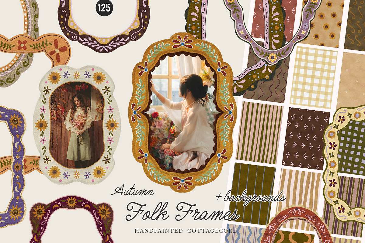 Autumn FOLK Frames & Backgrounds, a Decorative Illustration by SunnyAfternoons (Photo 1 of 13)