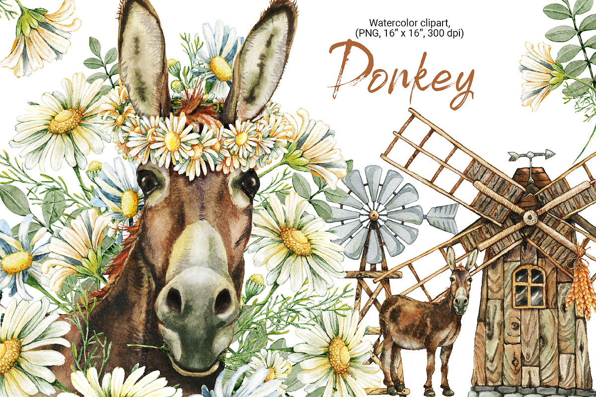 Donkey and windmill clipart, an Animal Illustration by Artmanata (Photo 1 of 11)