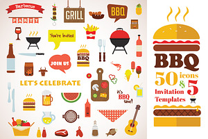 BBQ Icon set and invitation template