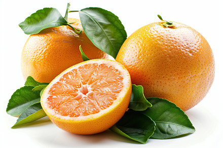 Fresh and tasty grapefruits with green leaves on white background, a Food & Drink Photo by AlyaAnd