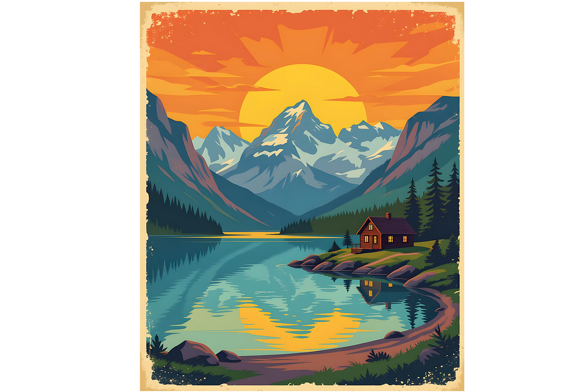 Vintage Poster Cabin By a Lake, a Decorative Illustration by Sharon Schwalbe (Photo 5 of 6)