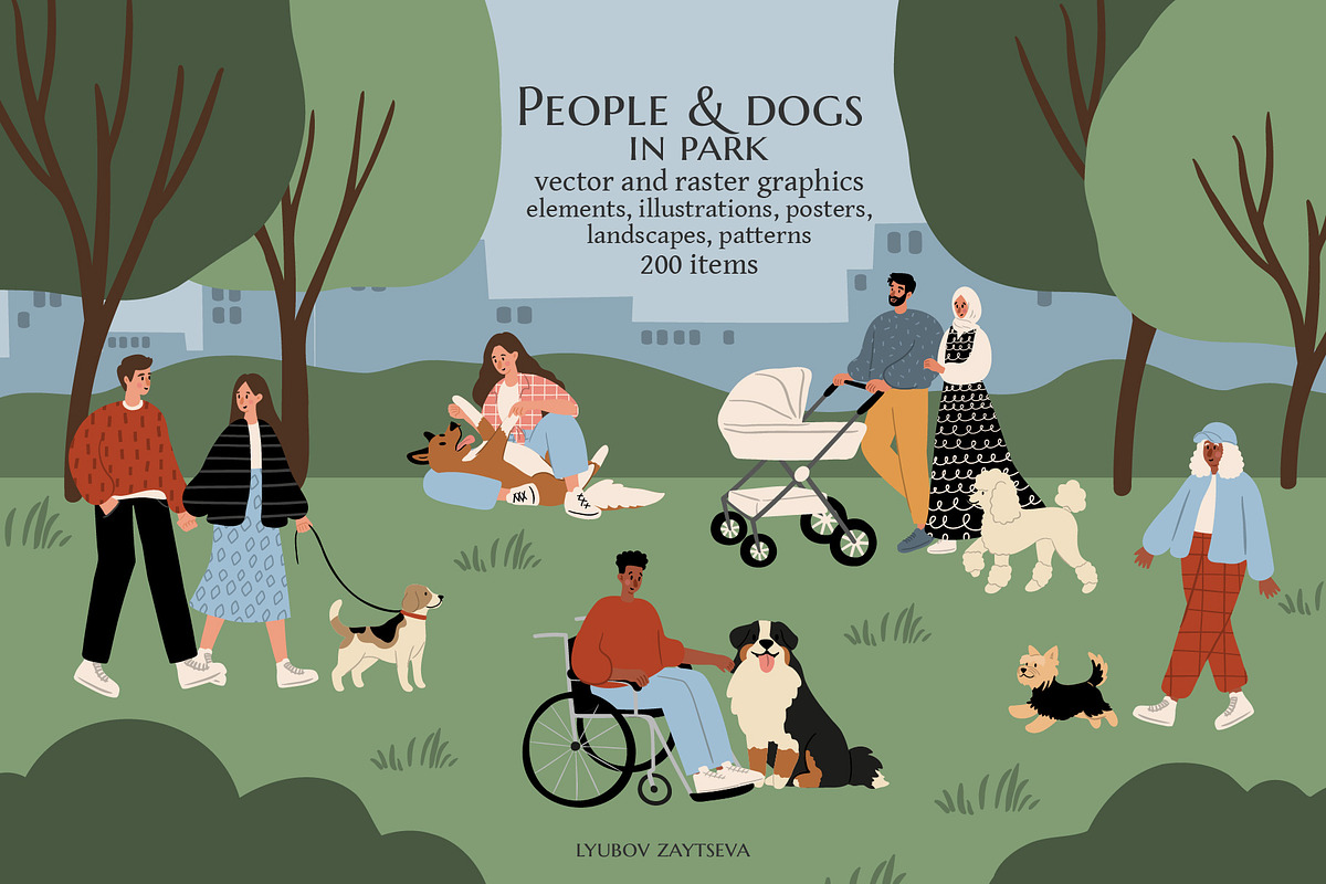 People and dogs in park illustration, a Person Illustration by LyubovZaytseva (Photo 1 of 22)