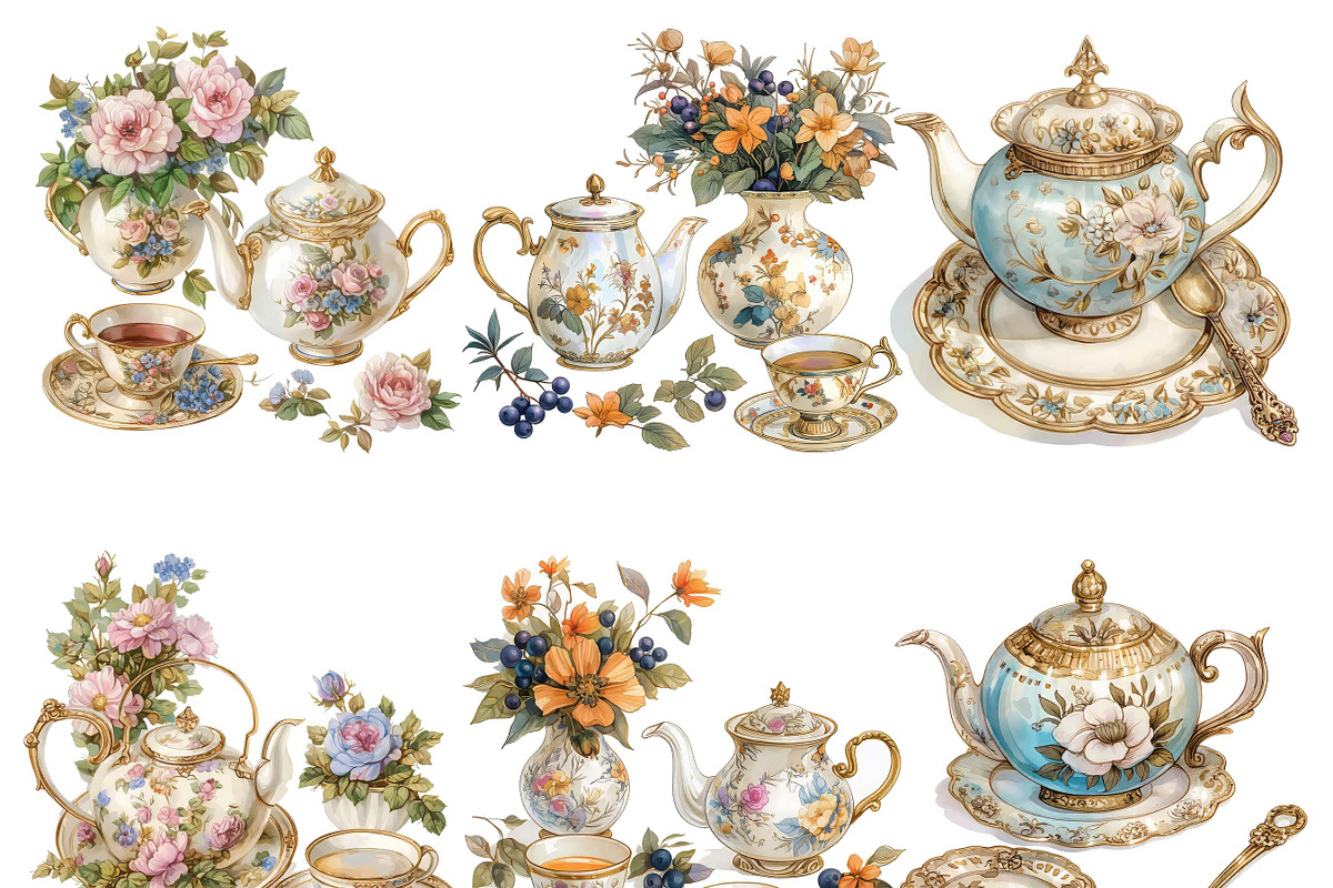 Watercolor Tea Set Clipart Bundle, an Object Illustration by Design ...