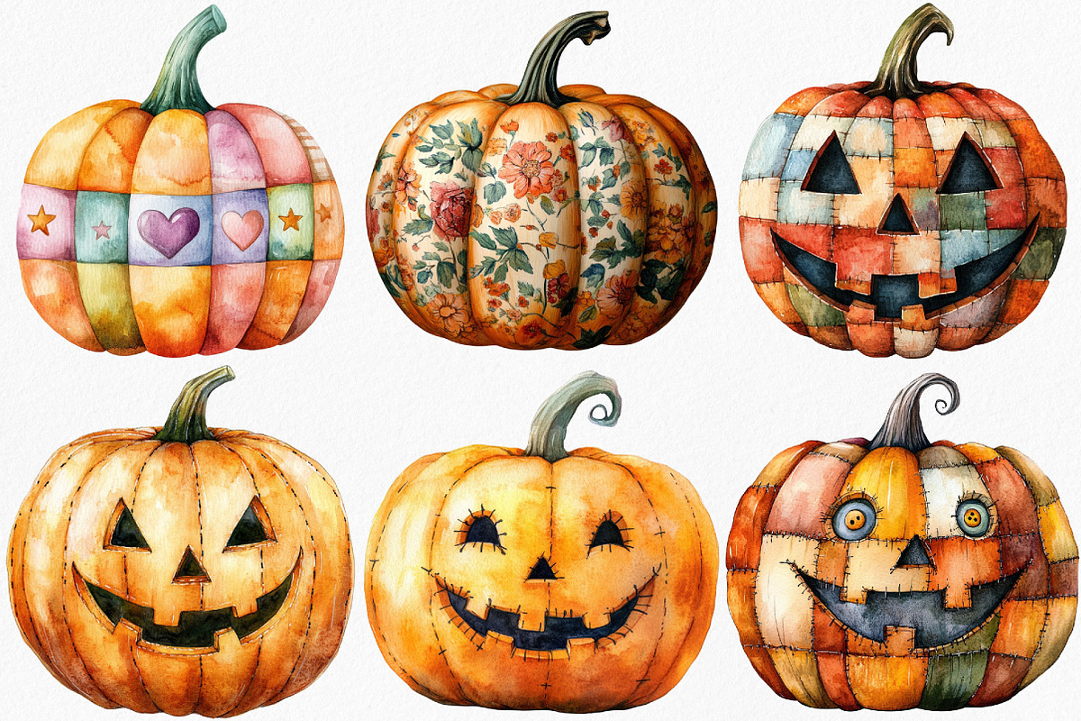 Halloween Patchwork Pumpkin Clipart, an Illustration by Canvas Craft (Photo 2 of 9)