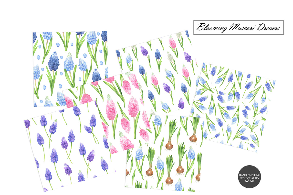 Watercolor Muscari Seamless Patterns, an Illustration by OlDm_Shop (Photo 8 of 9)