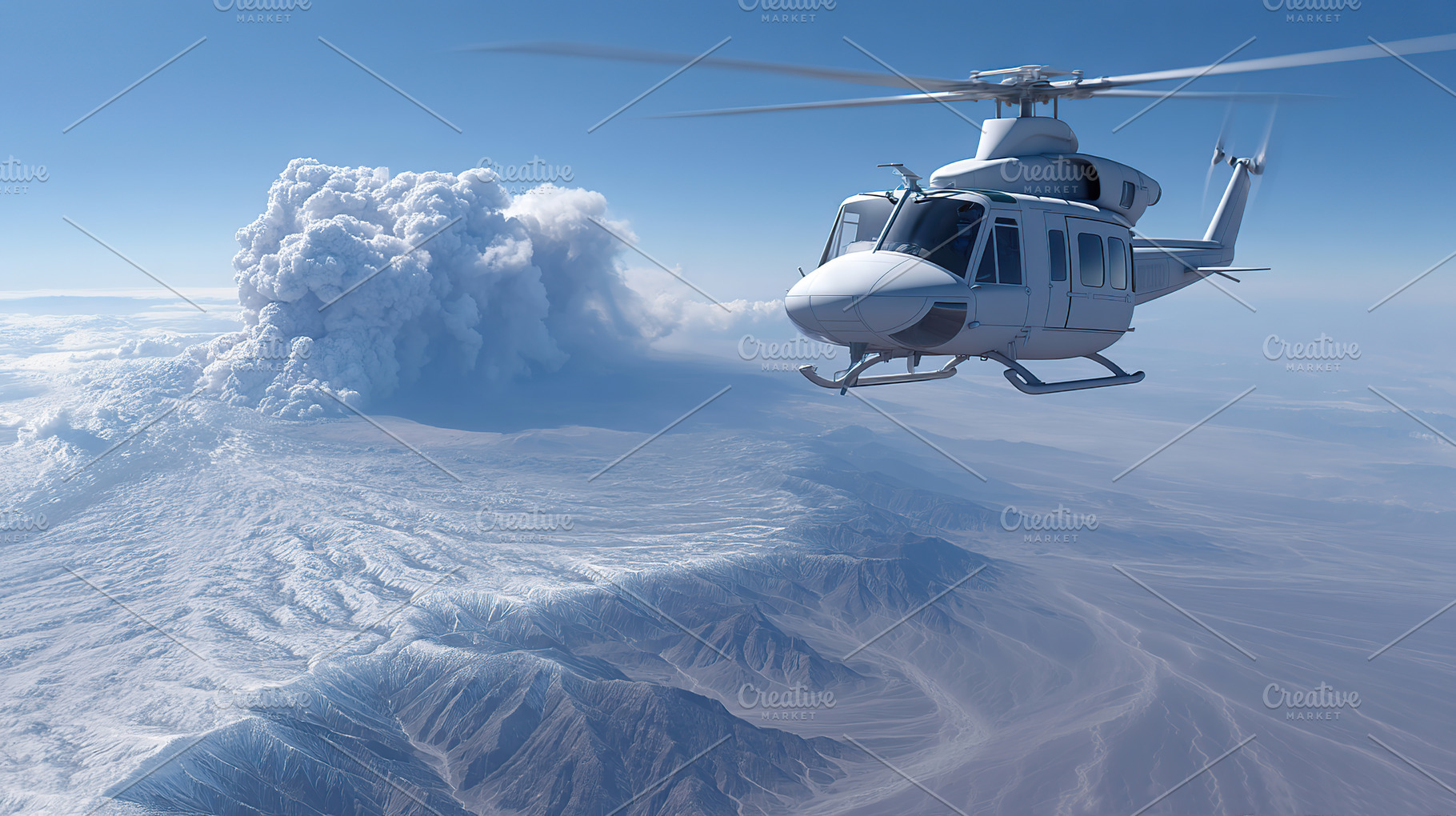 Helicopter flying near volcanic eruption and ash cloud over mountainous landsca, a Transportation Photo by AlyaAnd