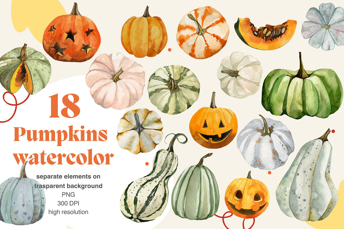 Pumpkin watercolor clipart, a Seasonal Illustration by Artcard Watercolor (Photo 1 of 2)