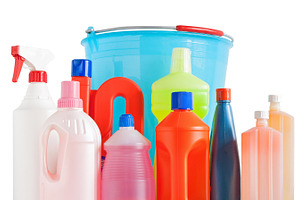Detergent bottles and bucket stock photo containing alcohol and background