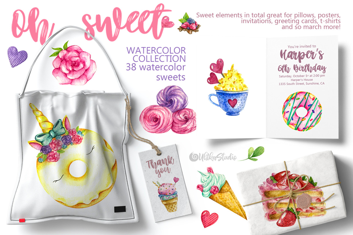 Sweets desserts watercolor clipart, a Decorative Illustration by UlitkaStudio (Photo 5 of 7)