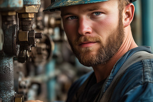 A focused pump operator male worker in a blue hard hat and work attire, standin, a Person Photo by Textures & Backgrounds