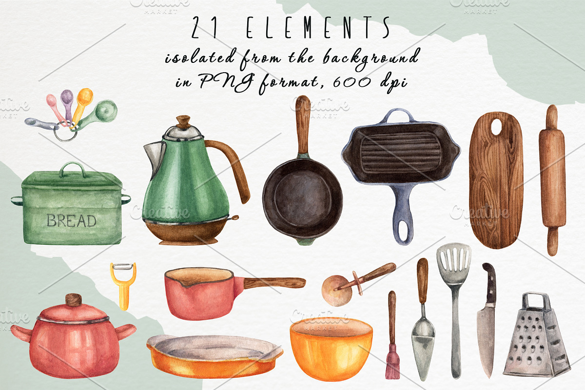 Kitchen utensils watercolor, an Object Illustration by a_ptichkina (Photo 2 of 4)