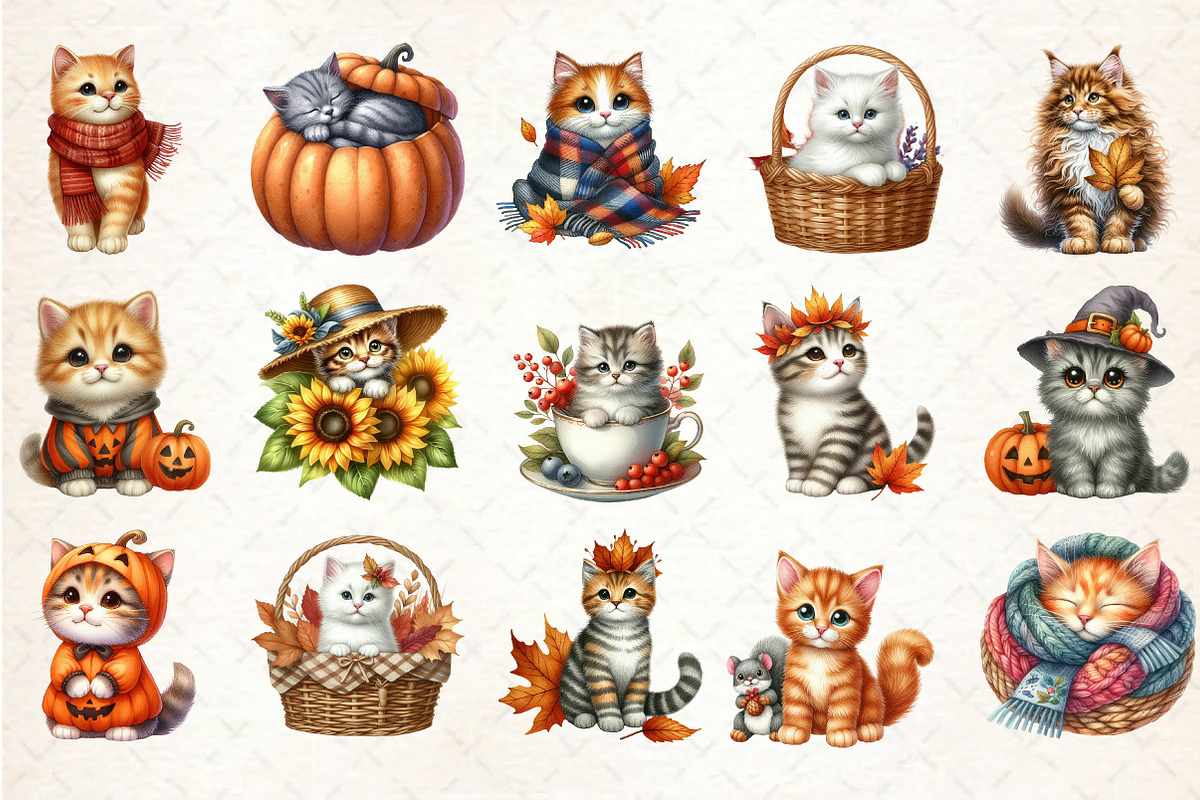Watercolor Autumn Cat Clipart, an Illustration by Rose Art (Photo 2 of 9)