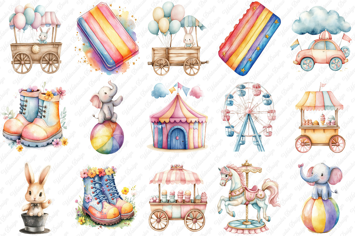 Pastel Summer Circus Clipart, an Illustration by Watercolor design (Photo 2 of 12)