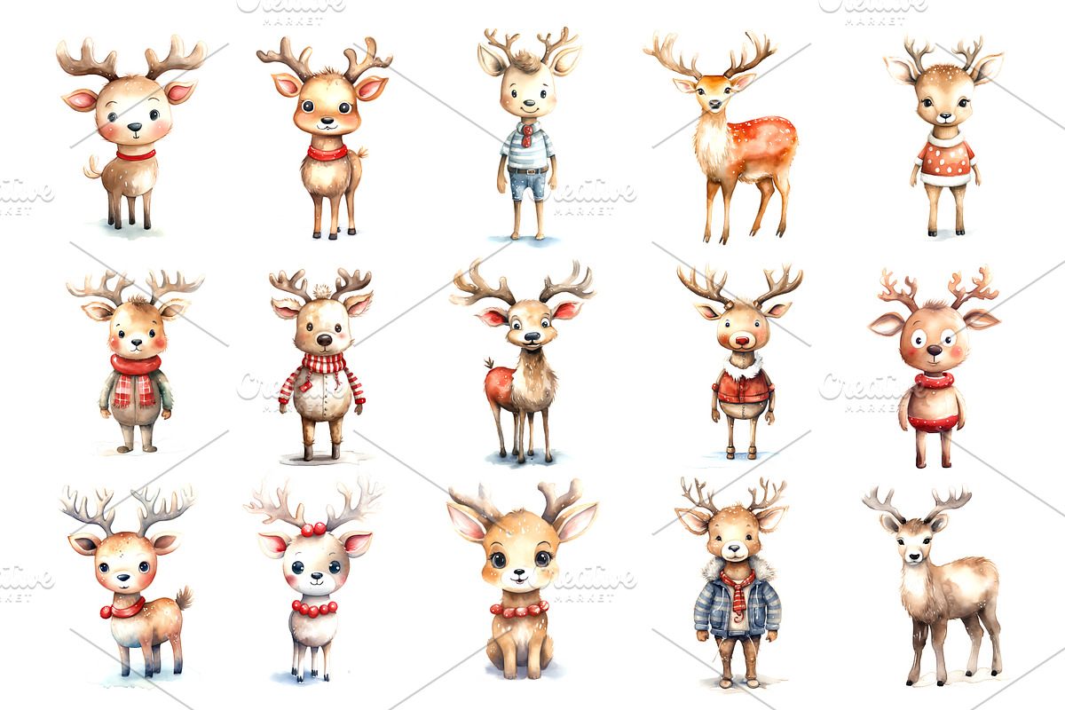 Watercolor Christmas Deer. Set., an Animal Illustration by KENO Mascots (Photo 3 of 6)