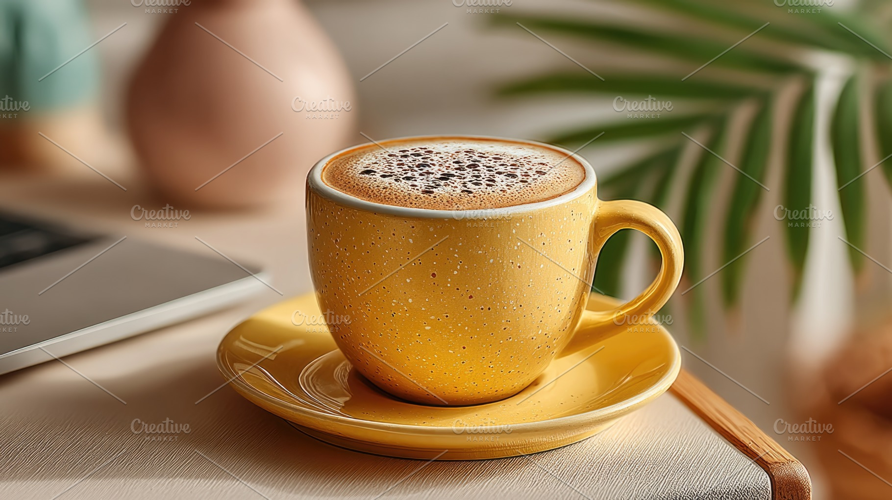 Yellow Coffee Cup on Desk with Laptop and Tropical Leaf in Warm, a Food & Drink Photo by José Manuel Gelpi