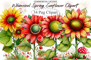 Whimsical Spring Sunflower Clipart, an Illustration by designcity5