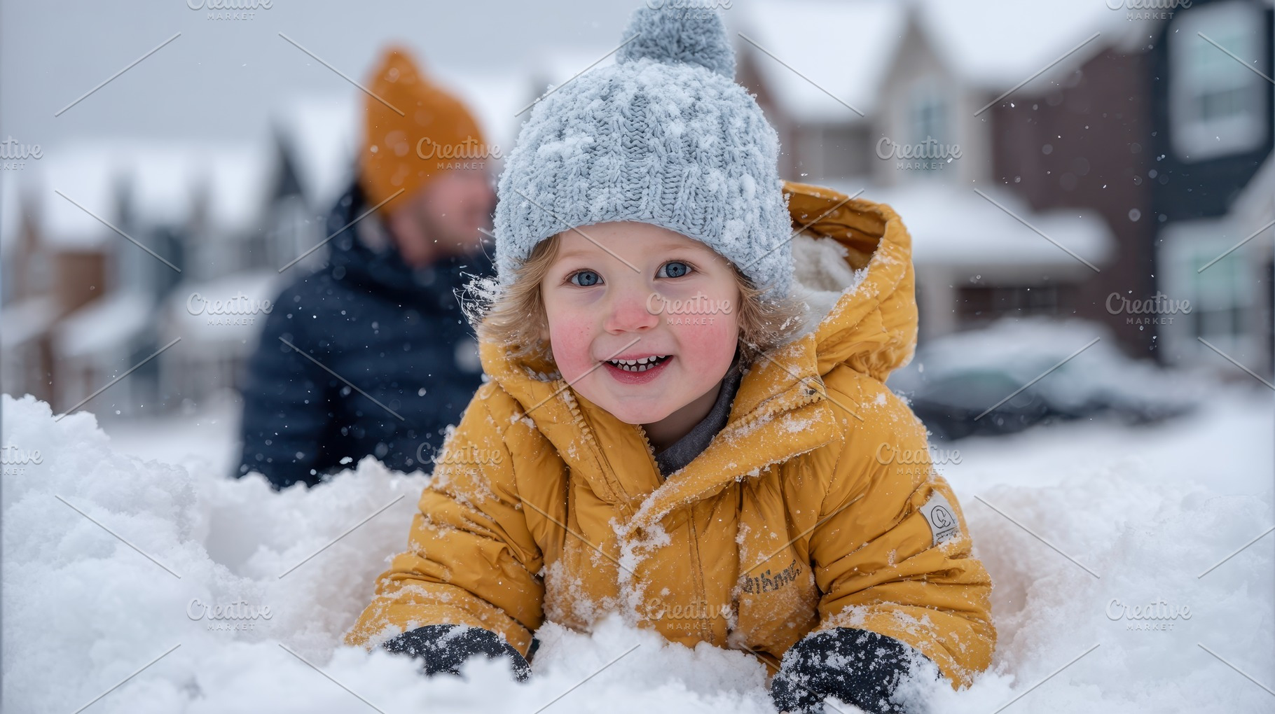 Toddler playing in fresh snow winter, a Photo by Pixeness Studio