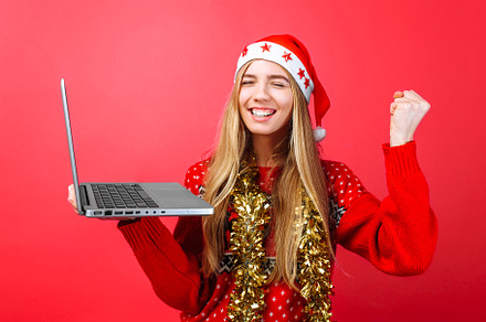 Happy girl in red sweater and hat of, a Person Photo by Shopping King Louie