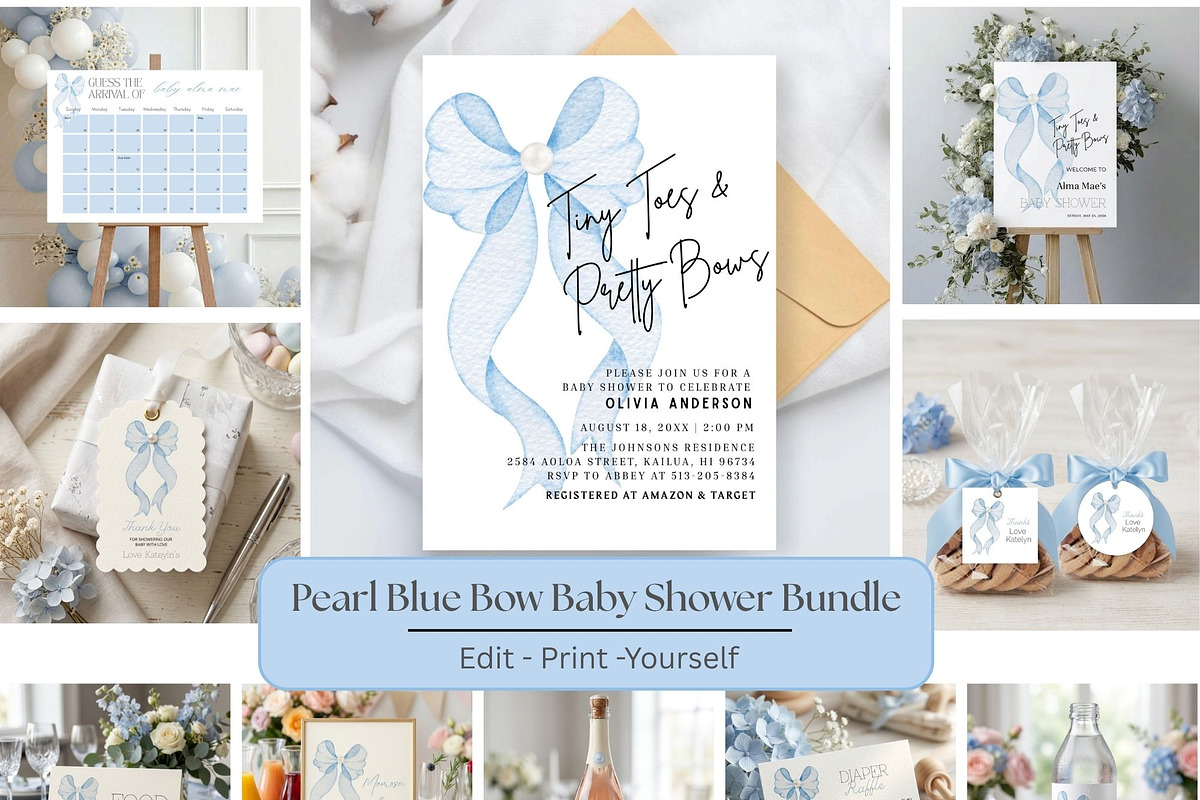 Pearl Blue Bow Baby Shower Bundle, an Invitation Template by Stellalunarts (Photo 1 of 6)