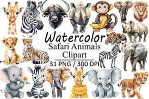 Watercolor Safari Animals, an Illustration by Design Market