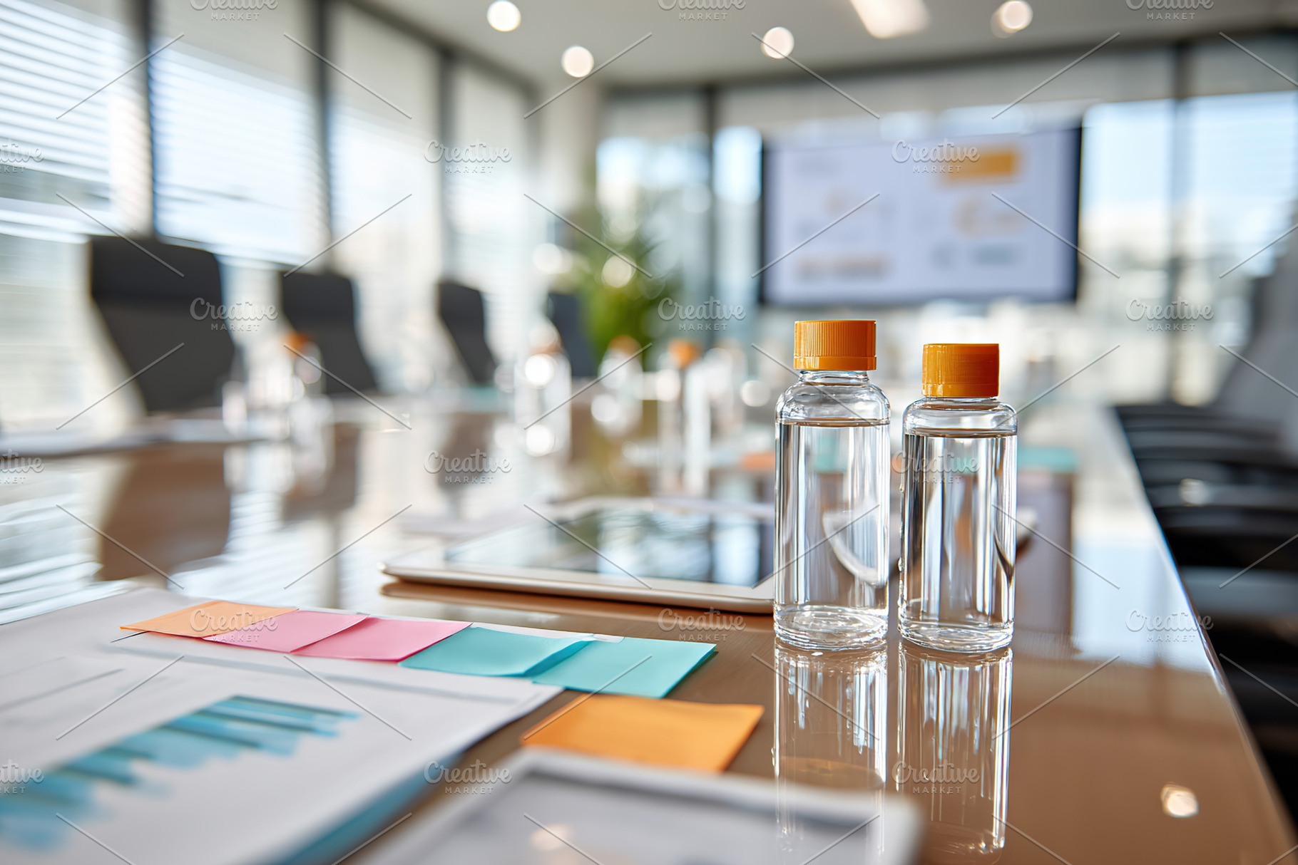 Meeting setup with glass bottles and presentation materials in a bright confere, a Photo by AlyaAnd