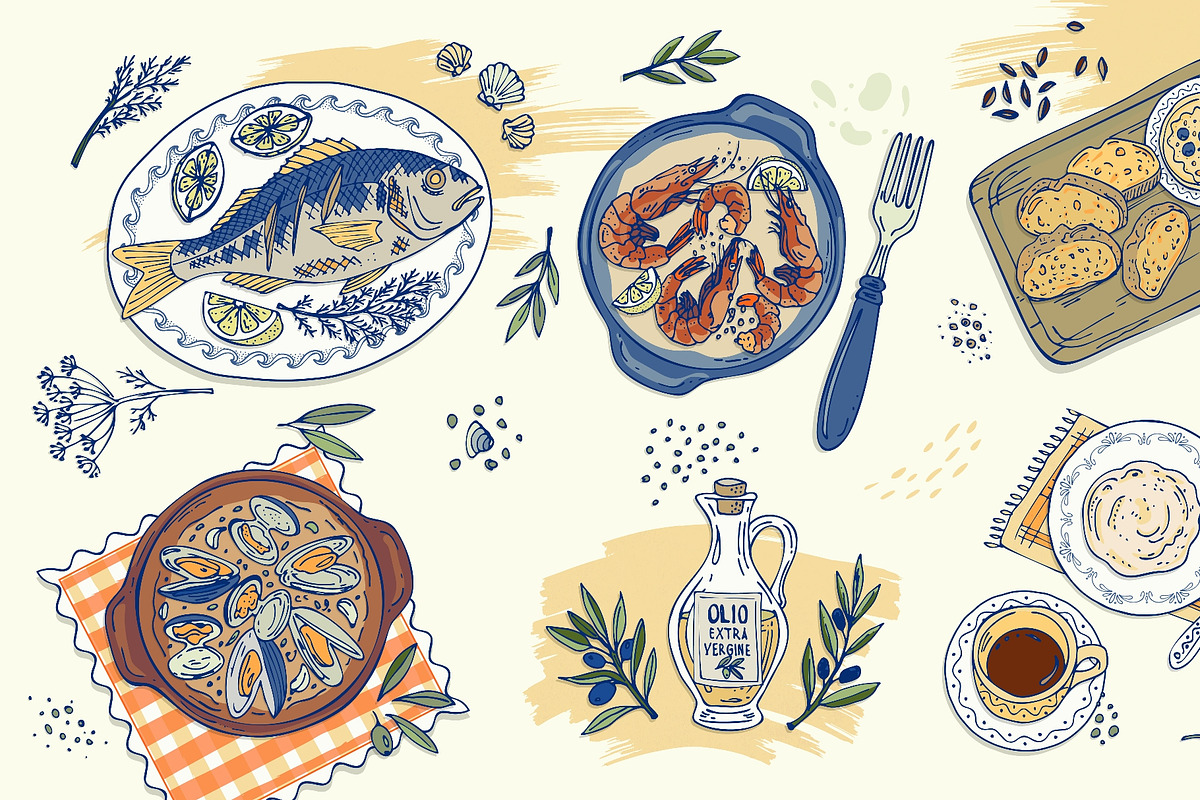 Hand drawn mediterranean food set, a Food Illustration by Zimages (Photo 3 of 3)