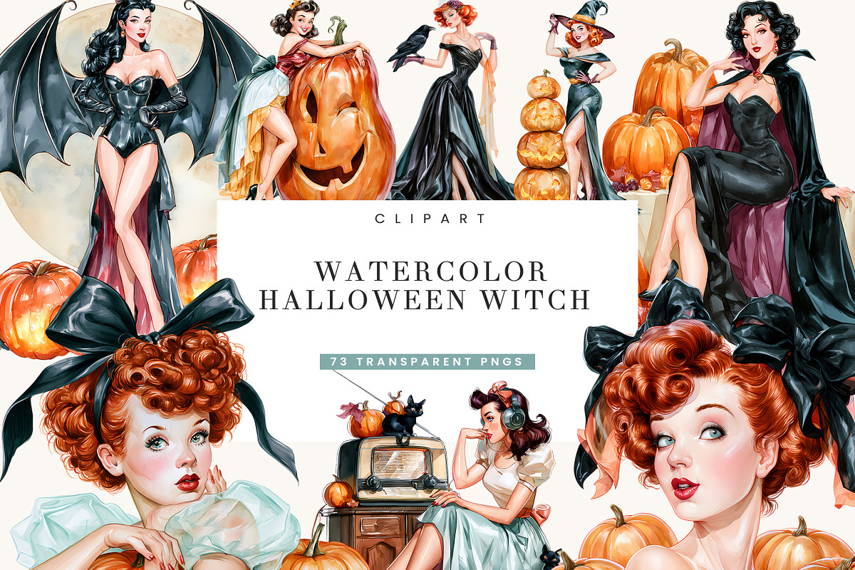Watercolor Halloween Pin Up Witch, a Seasonal Illustration by BusyDaydesign (Photo 1 of 9)