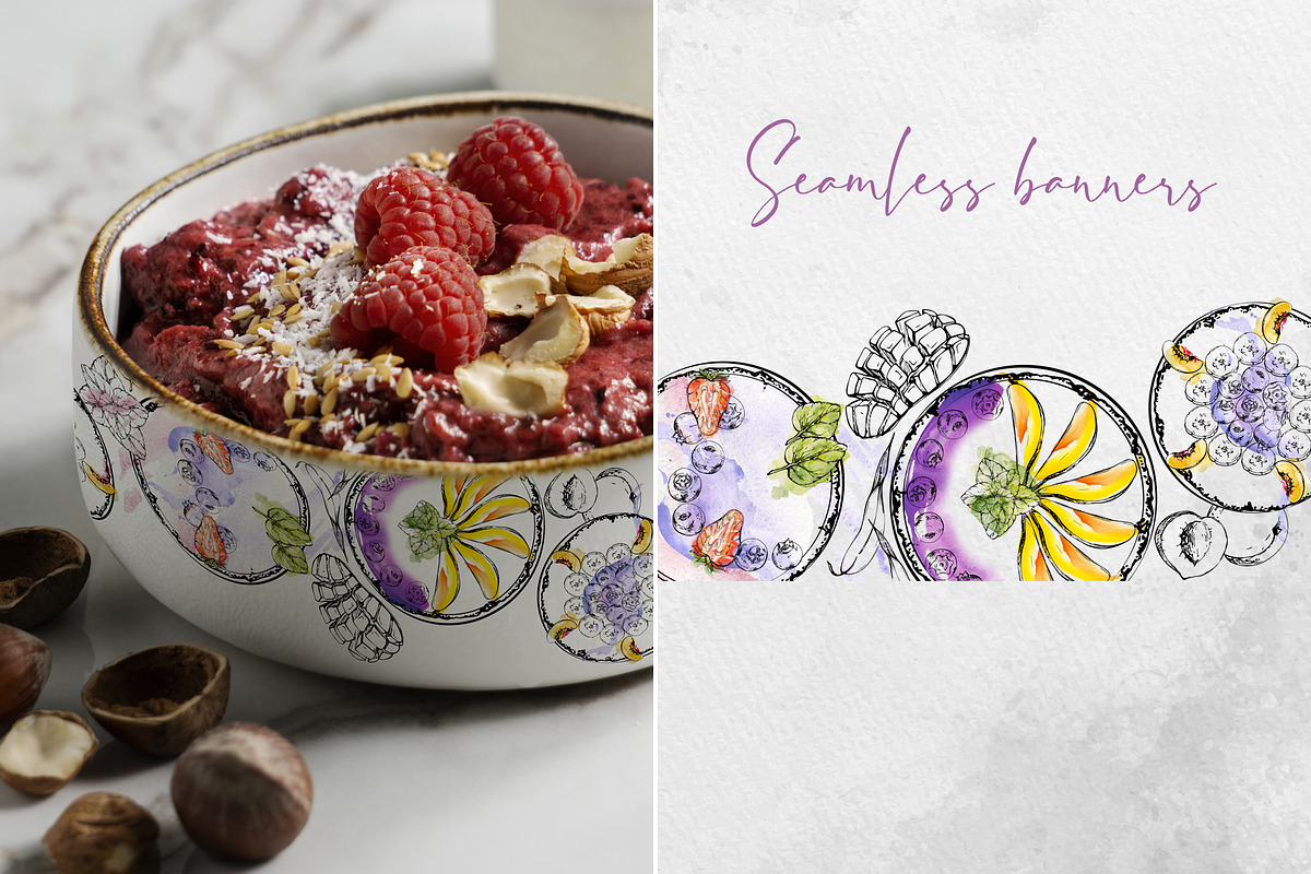 Smoothie bowls. Watercolor & ink art, a Food Illustration by MsFlaffy (Photo 14 of 19)